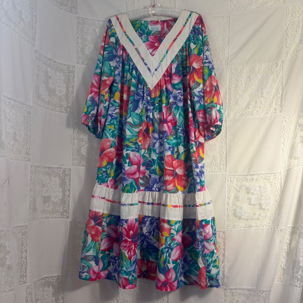 VTG Vibrant Floral Vacation Print Tiered 3/4 Sleeve Prairie Dress Size L-XL